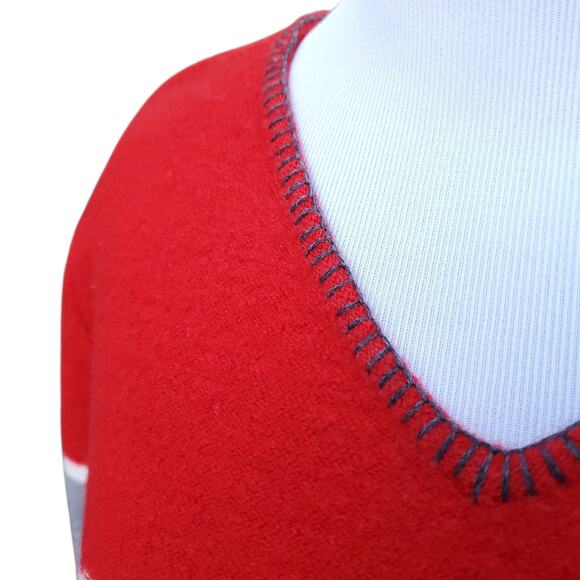 Vintage Pendleton Red Gray Wide Stripe Merino Wool Sweater Whipstitch V-neck M - Picture 3 of 13